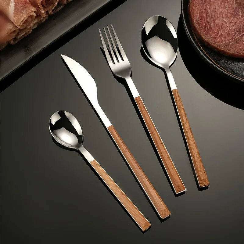 16pcs Cutlery Set Imitation Wood Plastic Handle Western Stainless Steel Tableware Kitchen Knife Fork Spoon Dinnerware Homeware