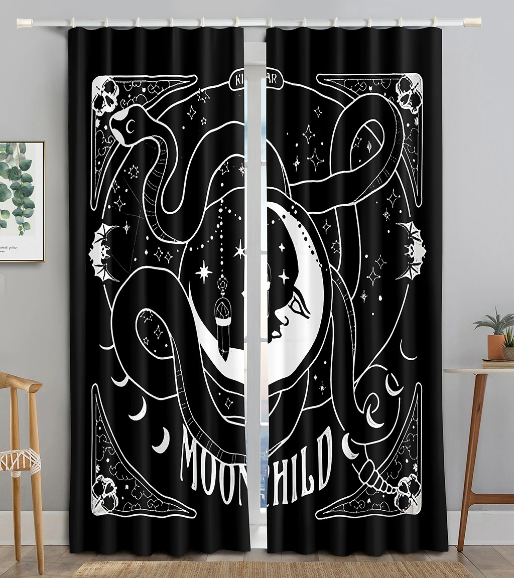 Moon Stars Curtains for Kids, Thin Shading Curtain for Living Room, Bedroom, Home Decor Hook, Black and White, 2 PCs