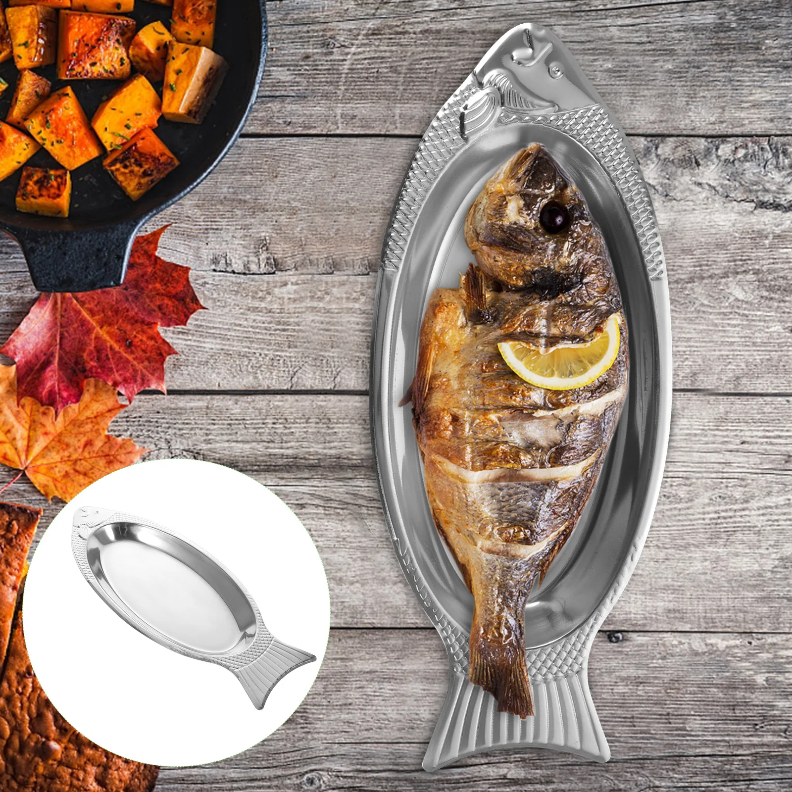 

1Pcs Steamed Fish Tray Stainless Steel Fish Plate with Texture Elegant Design Heat Resistant for Home Kitchen Dining Service