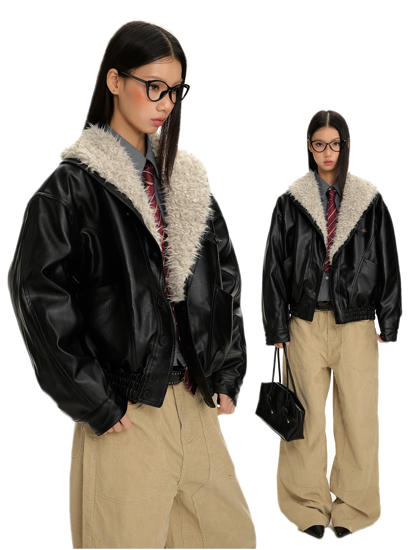 Jaqueta Feminina de Couro Preto com Gola de Pele de Cordeiro Estilo Retrô Americano, Acolchoada, de Alta Qualidade, Elegante e Corta-Vento para Inverno