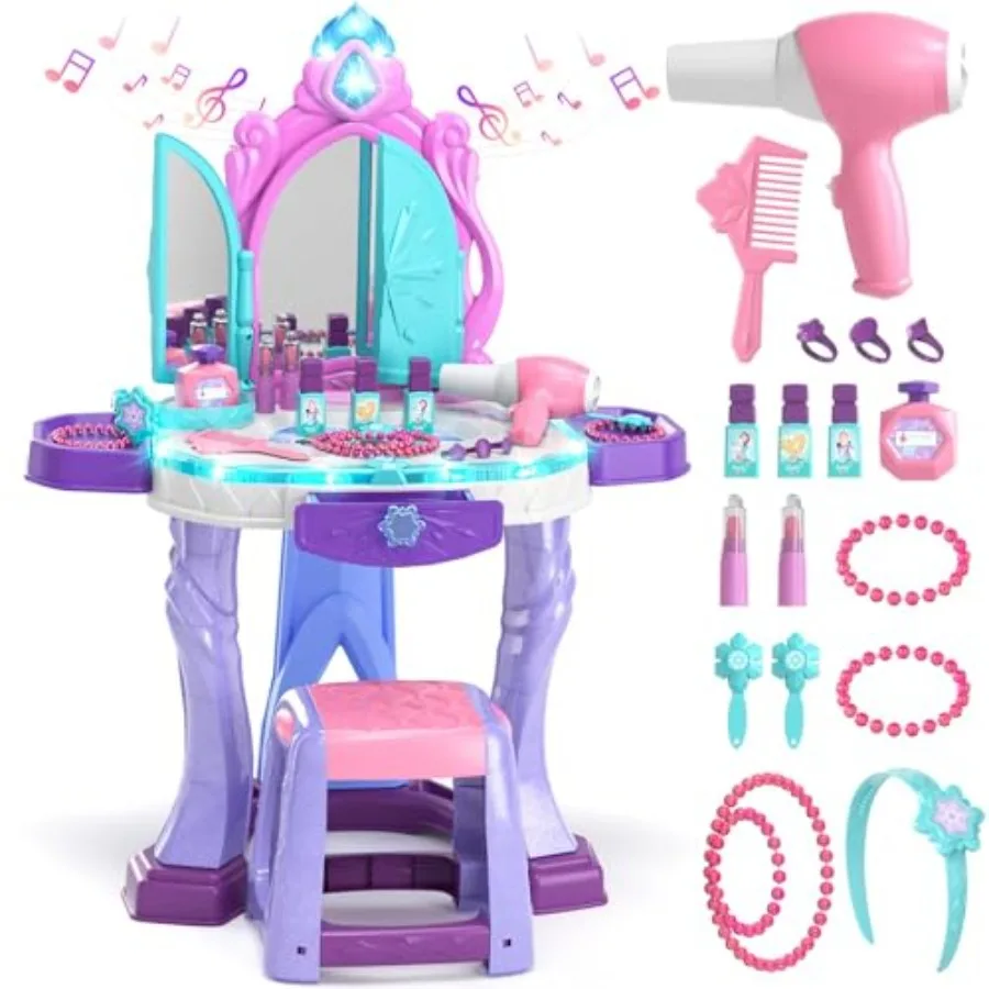 

Vanity Table and Chair Set Girls Makeup Table with Mirror Stool Lights Music Toddler Pretend Play Vanity Set for Princess Dress