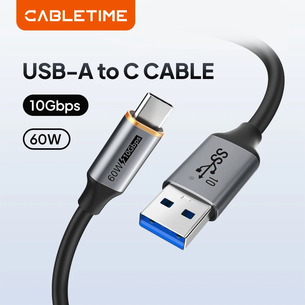 CABLETIME USB 3.2 to USB C 3A Cable 10Gbps QC 3.0 60W Braided Wire PVC Fast Data Transmission for Smart Phone SSD Enclosure