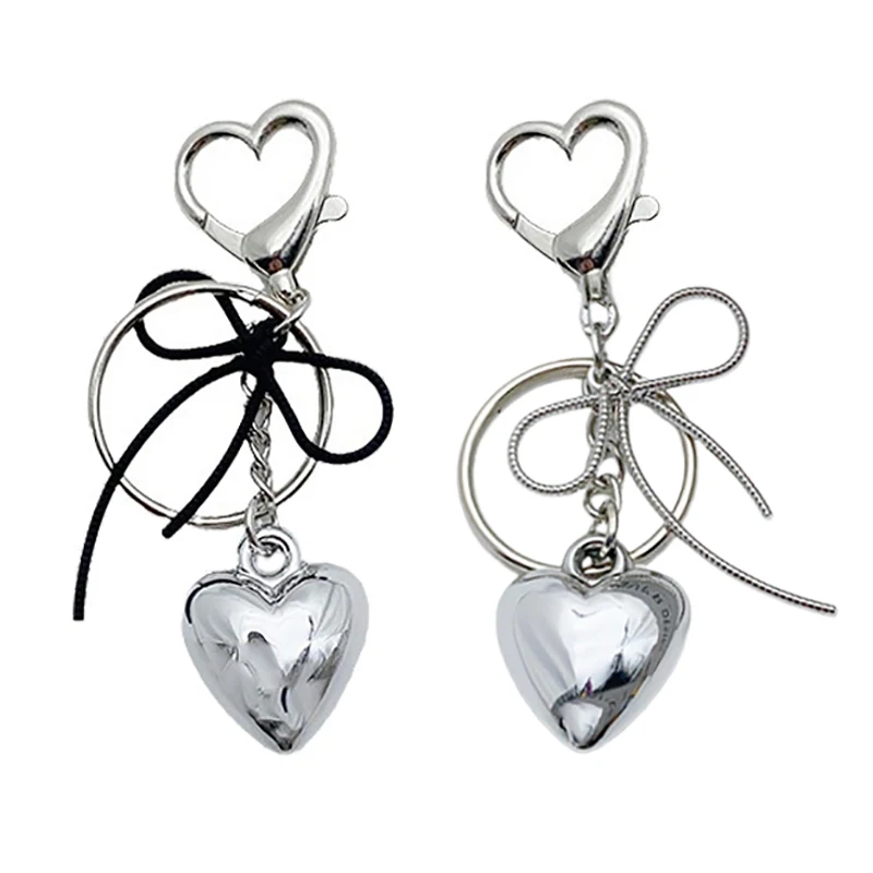 1PCS Y2K Simple Bowknot Heart Pendant Keyring Silver Color Metal Keychain Backpack Bag Hanging Decoration Car Key Holder