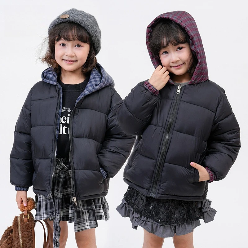 Winter Boys Thickened Plaid Hooded Cotton Jacket Girls Children Windproof Warm Coat Baby Soft Casual School Outfit Sports Kids