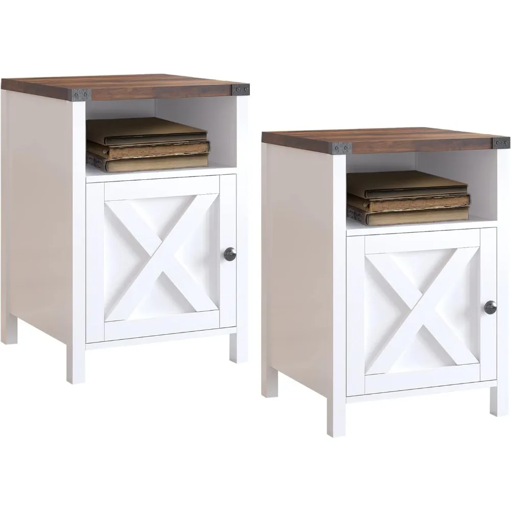 

Nightstand, Set of 2, Rustic Night Stand with Barn Door and Storage Shelf, White End Table Side Table