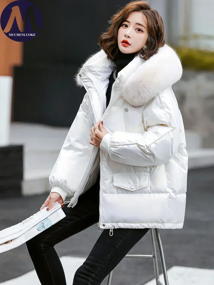 White Duck Down Hooded Jacket with Fur Collar for Women Short Parkas Slim Fit Glossy Warm Coats Korean Fashion Autumn Winter New