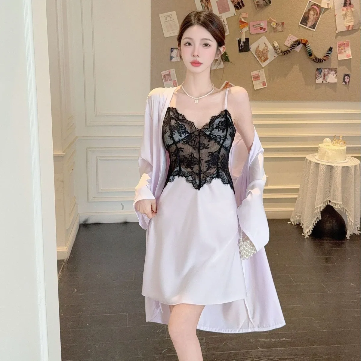 

Sexy Lace Hollow Out Robe Nightgown Sleepwear Set Summer Female Nightwear Patchwork Rayon Bathrobe Casual Home Dress