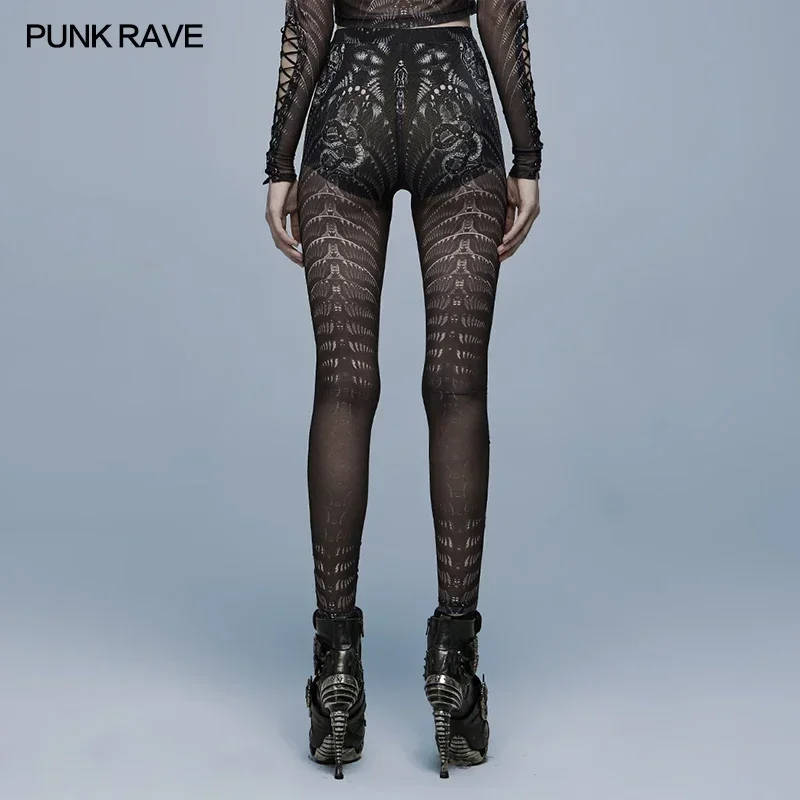 PUNK RAVE Women\'s Gothic Vintage Embossed Skinny Skeleton Print Leggings Mesh Simple Easy Match Black Pants Spring Summer