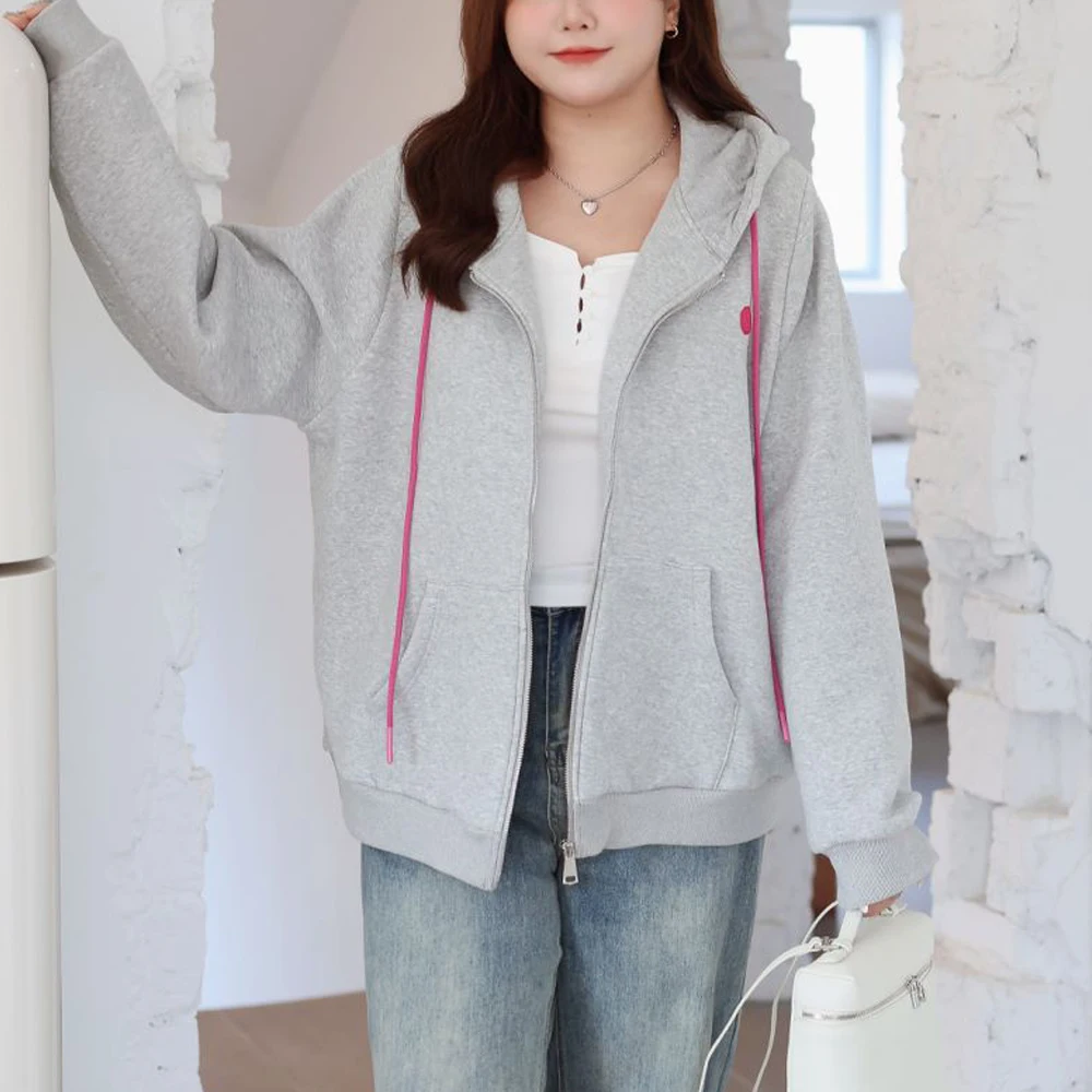 fleece-lined zip-up Hoodie Women Plus Size Good Quality Autumn Winter Warm Loose Hooded Coat 8809