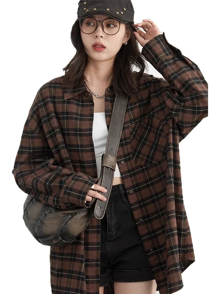 CHIC VEN Women Shirt Loose New Retro Cotton Grinding Plaid Shirt Top Female Blouses BF Style Woman Tops Spring Autumn 2024