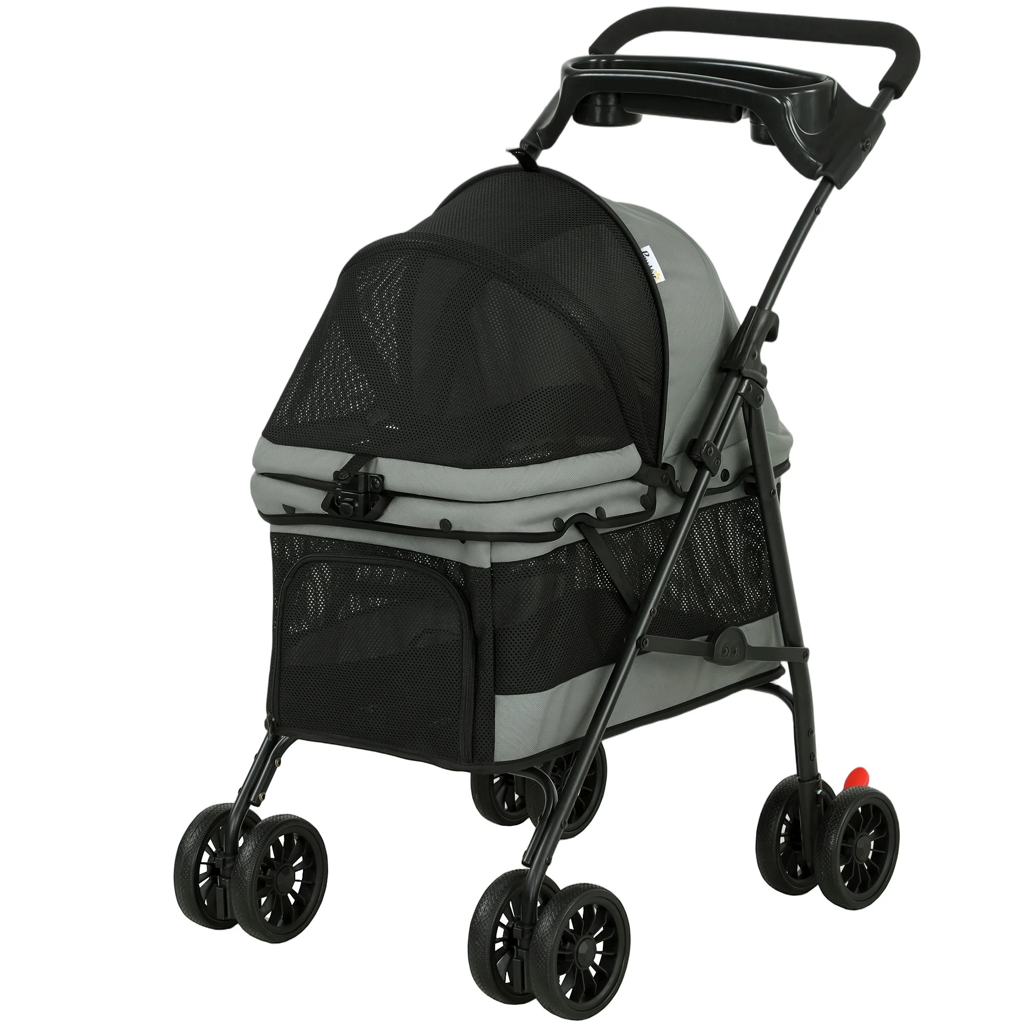 Passeggino pieghevole per cani, 4 ruote in EVA, finestrini in rete, guinzagli di sicurezza, cuscino rimovibile, 73x50x96 cm, grigio.