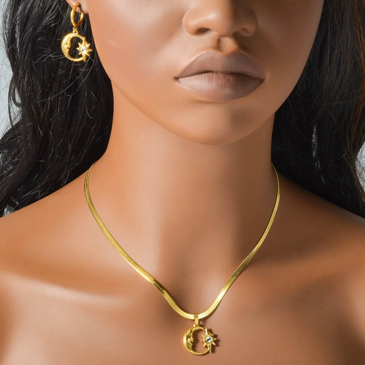 Stainless Steel Necklace Earrings Set Trend Moon Star Hollow Pendant For Women Fashion Party 18K Gold-Plated Jewelry Set Gift