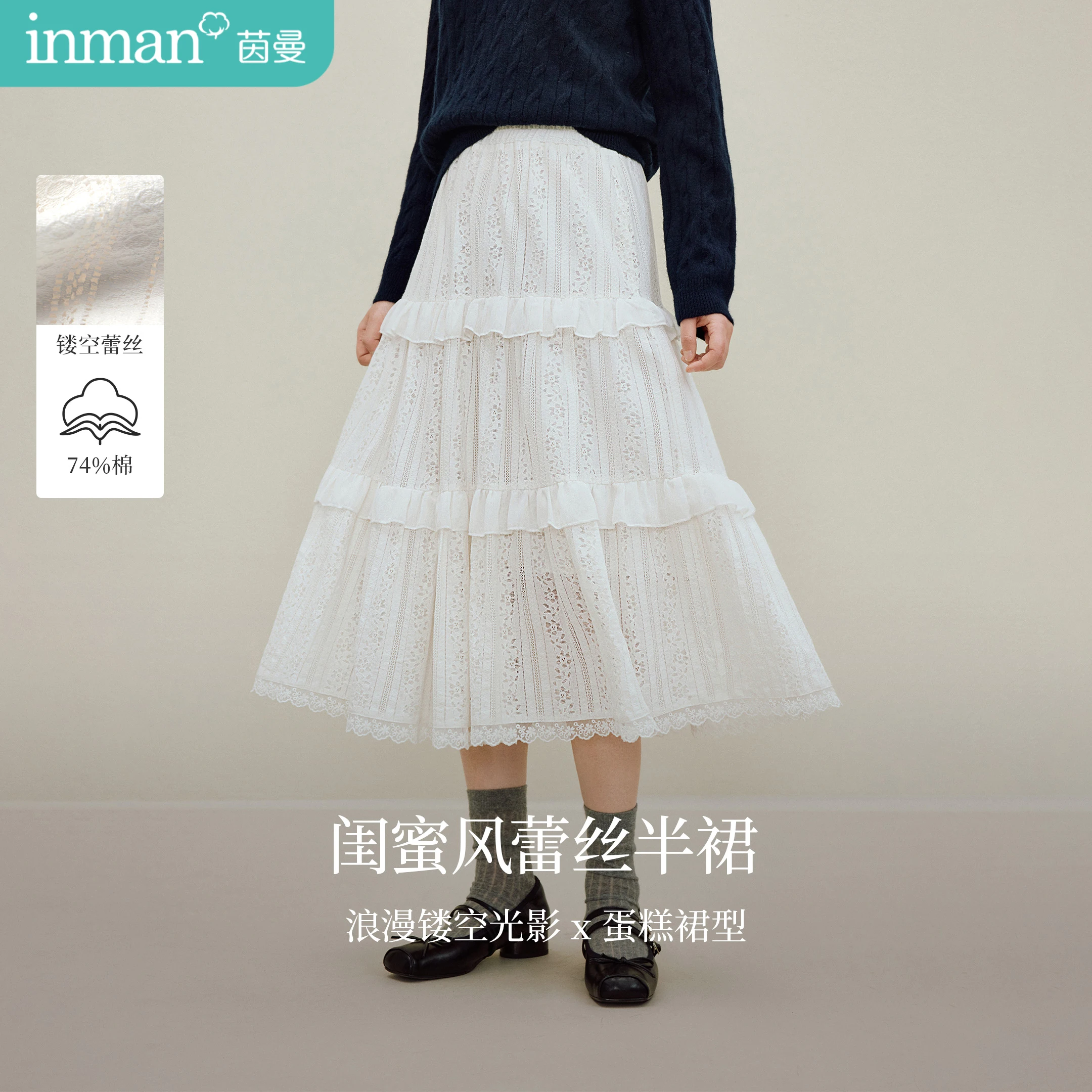 

Inman Women's 2025 Autumn New Fairycore Slim-Fit A-Line Skirt - White Knit Hollow-Out Lace Tiered Midi Skirt
