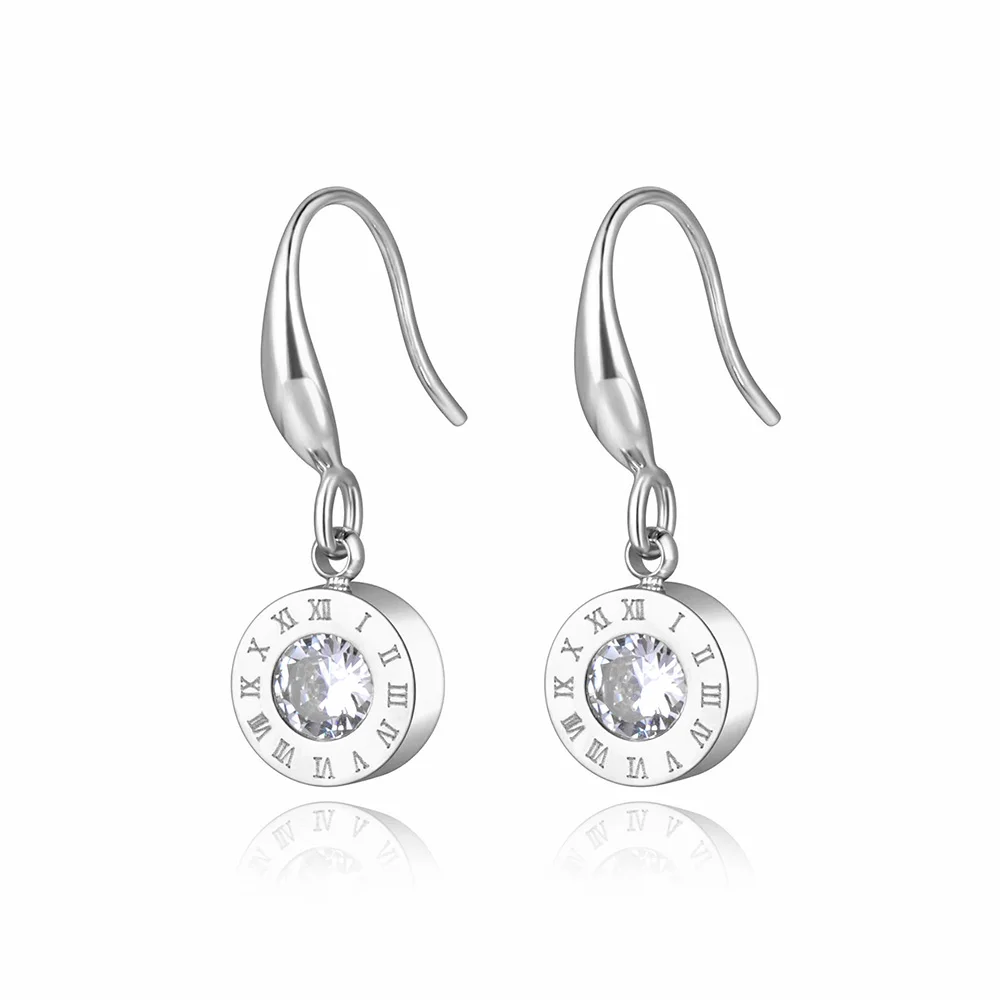 JeeMango Classic 316L Stainless Steel Roman Numeral Wedding Earrings For Women Trendy CZ Crystal Dangle Earrings Jewelry JE21079