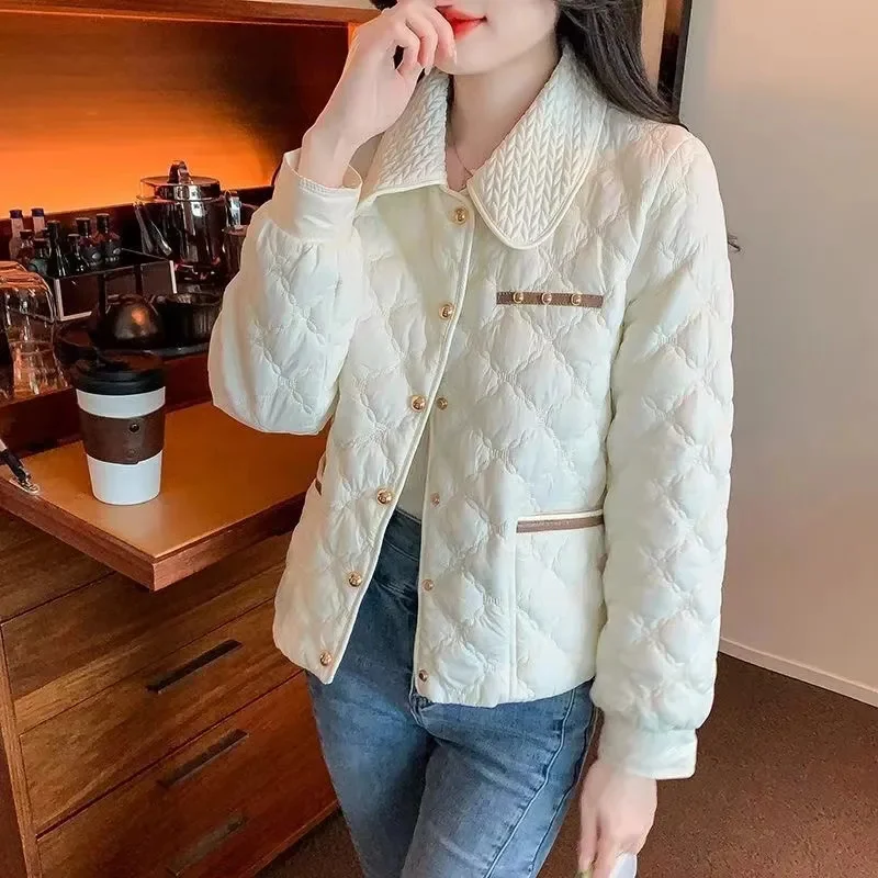 2026 New Light Cotton Coat Autumn Winter White Cotton-Padded Jacket Women's Tops Fashion Pocket Diamond Casual Coats Female