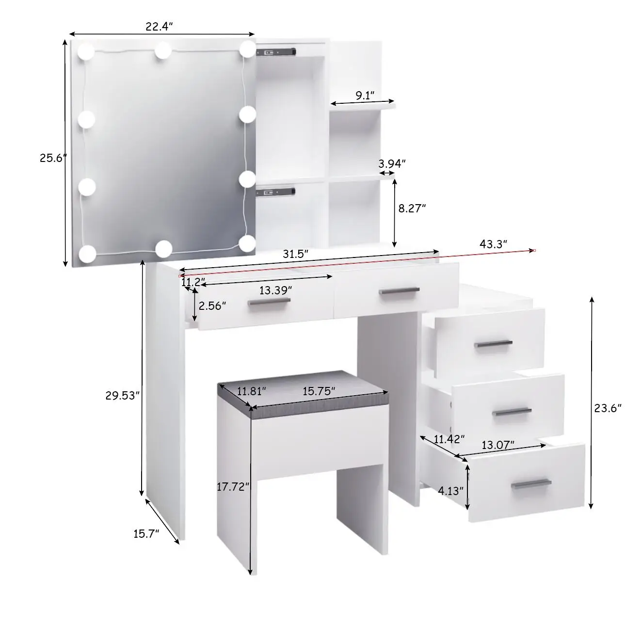 Particleboard Triamine Veneer 5 Pumps 2 Shelves Mirror Cabinet Three Dimming Light Bulb Dressing Table Set White