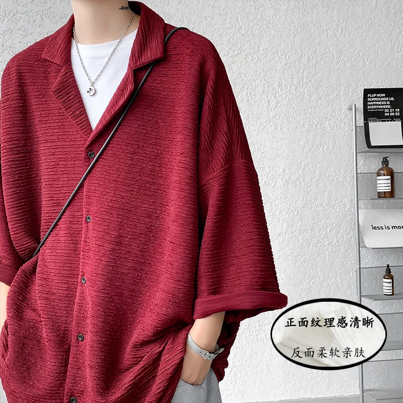 Ice Silk Shirt Men's High Quality Summer Fashion Brand Ins 5-Sleeve Shirt Loose Casual Masculina Camisas Hombre