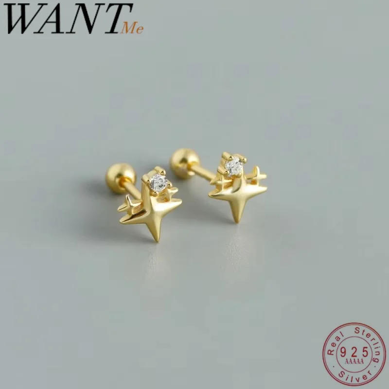 WANTME 925 Sterling Silver Shiny Star Piercing Screw Bead Stud Earrings for Women Fashion Romantic Ear Bone Jewelry Accessories