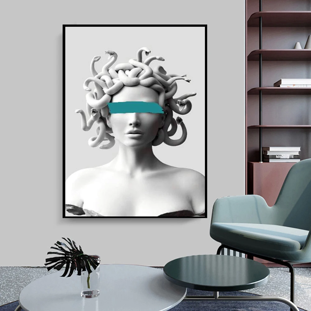 

Medusa Cover Eyes Canvas Painting Art Posters and Prints Water Wave Sculpture Wall Art Pictures for Living Room Home Decor