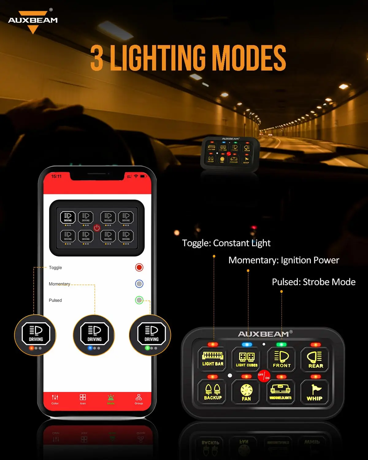 Auxbeam 8 Gang Switch Panel RGB AR-800 Toggle Momentary Pulsed Bluetooth Switch Panel for Truck SUV UTV ATV Marine RV