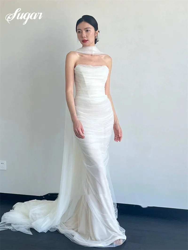 Strapless Mermaid Off Shoulder Wedding Dresses Customised Sleeveless Soft Pleats Tulle Scarf Floor Length Elegant Bridal Gowns