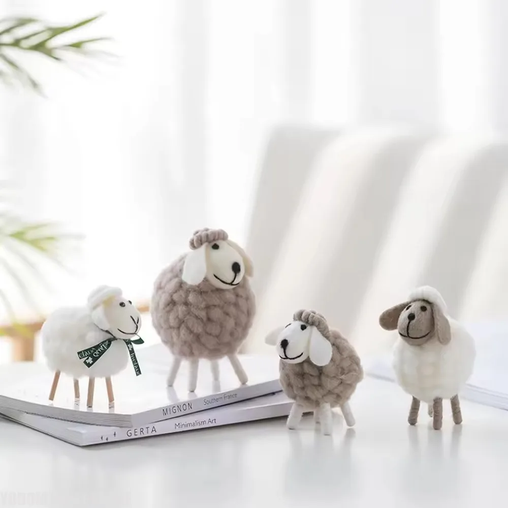 Wool Felt Sheep Mini Figurine Christmas Xmas Ornament Miniature Statue Holiday Party Home Decoration