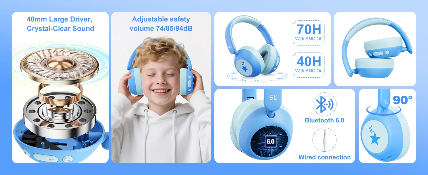 ANC Kabellose Bluetooth-Kopfhörer für Kinder Aktive Geräuschunterdrückung Kopfhörer mit Mikrofon Sichere Lautstärke 75/85/94dB für iPad/Tablet – Detail 3