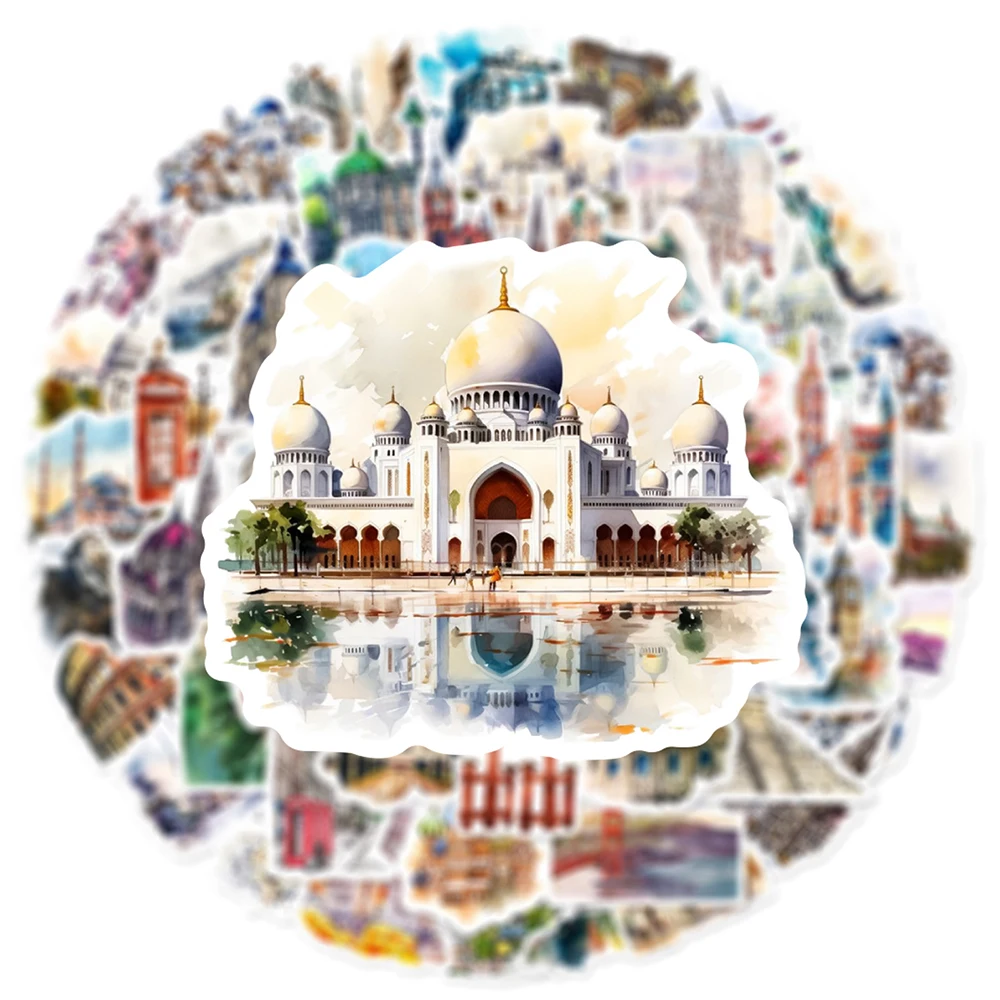 

10/30/50Pcs Vintage Cartoon Travel World Landmark Architecture Stickers Cool Architecture Decals Graffiti Laptop Guitar Suitcase