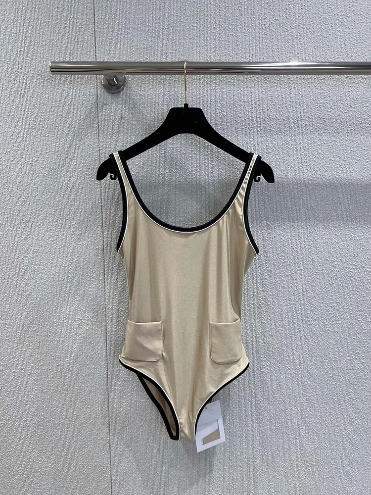 

Women's Contrast Color Back Hollow Sling Swimsuit Round Neck Double Pockets Pendant Rhinestones High Slit Design Beach Bikini