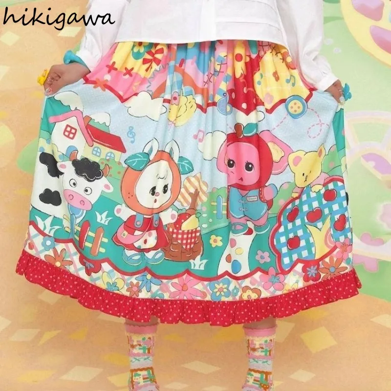 

Summer Long Skirt for Women Cartoon Print Sweet Jupe Fashion Japanese Saia 2024 Blusas Mujer De Moda Cute Loose Pleated Skirts