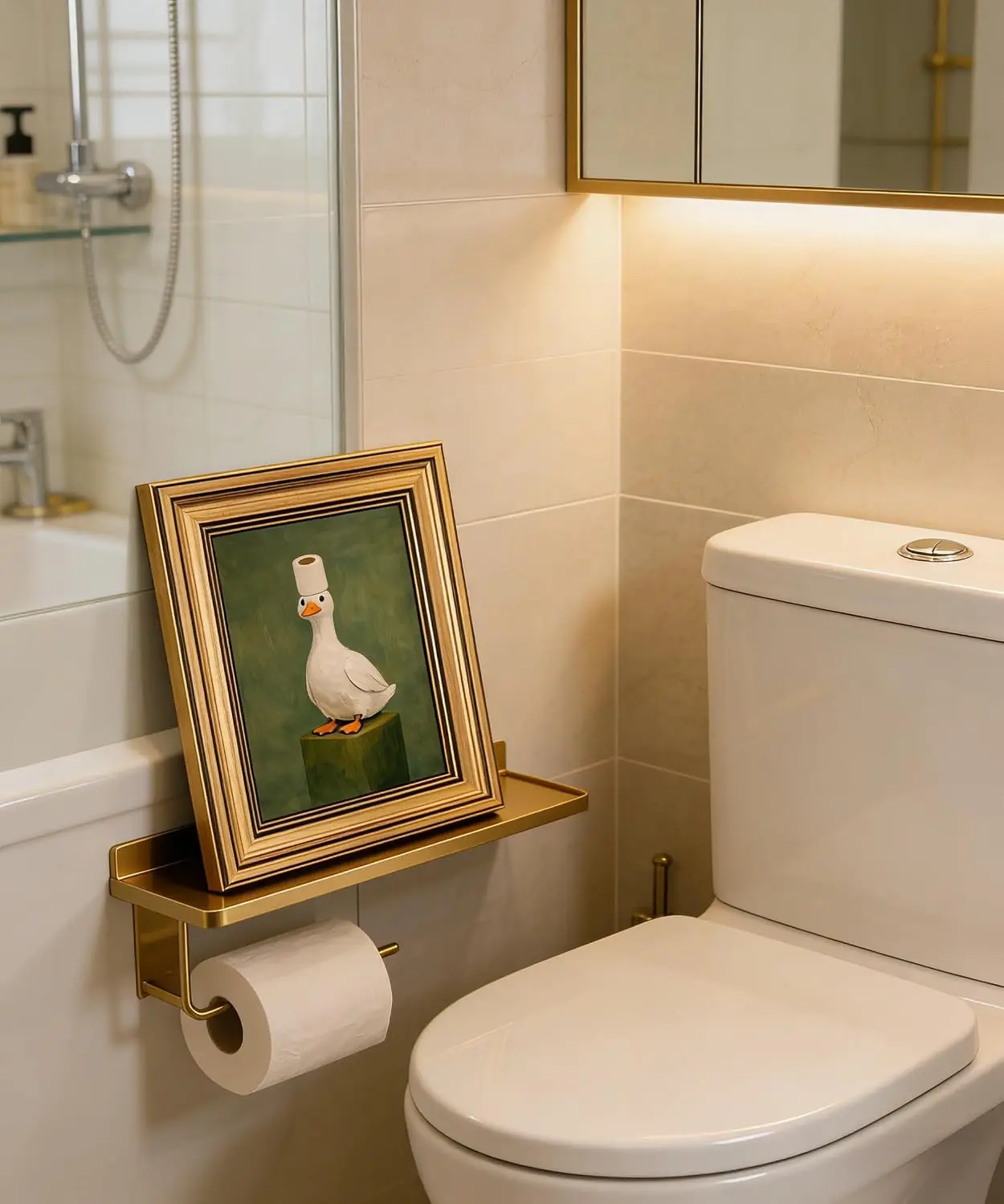 Canvas Wall Art, Funny Duck With Toilet Paper Hat Portrait Print Whimsical Vintage Animal Framed Art Home Bathroom Wall Decor