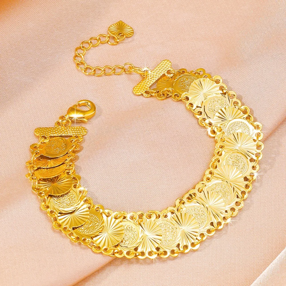 Silktouch Soft Gloss Ancient Coin Carved Bracelet For Women 24K Gold AU999 deliver silky tender touch against sensitive wrist