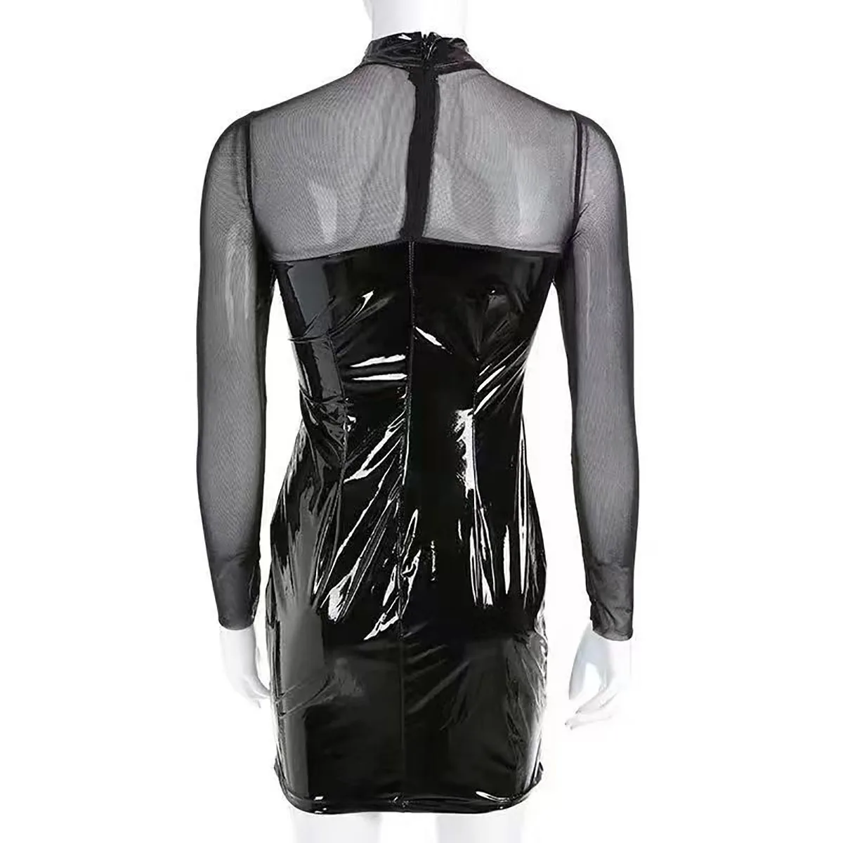 Women Shiny Leather Sheath Bag Hip Dress See Through Hot Porn Breast Exposing Shaping Bodycon Stitching With Transparent Mesh