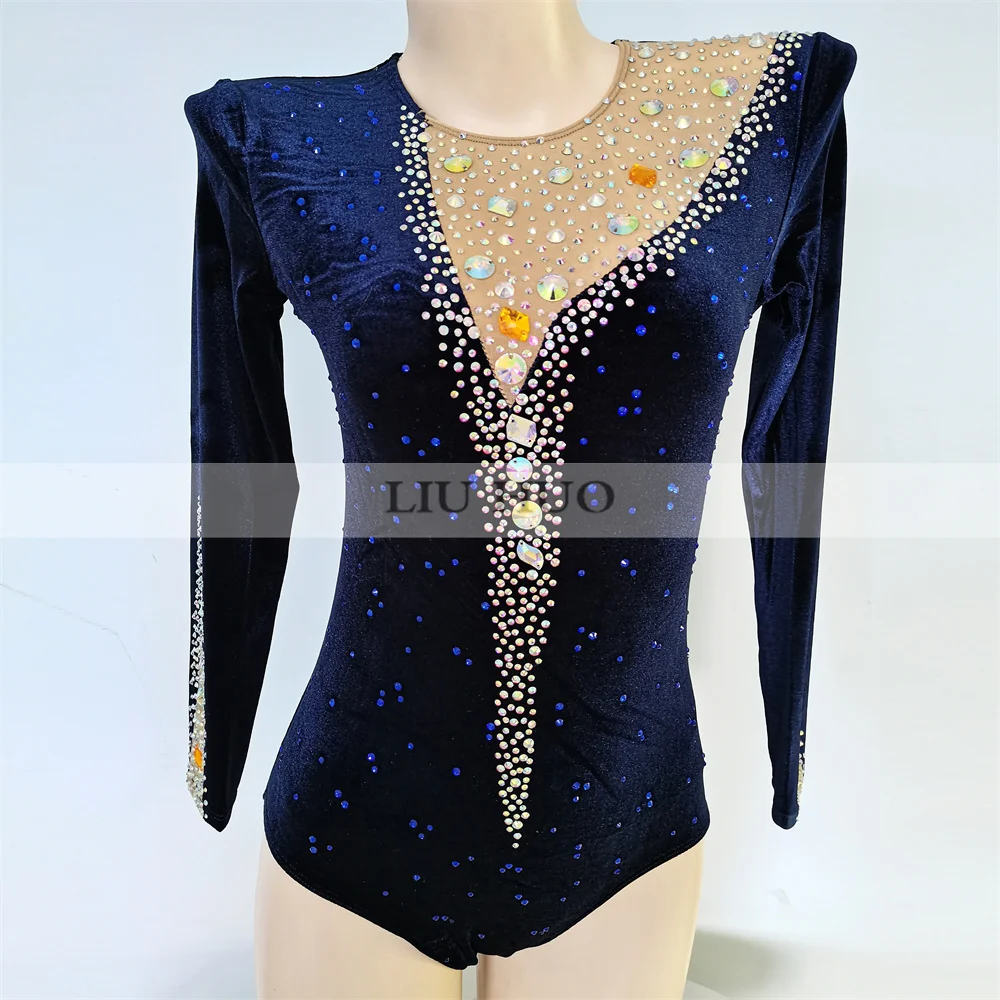 LIUHUO Rhythmic Gymnastics Leotard Aerobics Women Girl Costume Performance Competition Dance Dress Long Sleeves Navy Blue Velvet