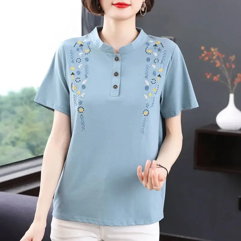 Women Summer Elegant Temperament Loose Embroidered Cotton O-neck Short Sleeve Shirts Ladies Trend All-match Office Lady Top Tee