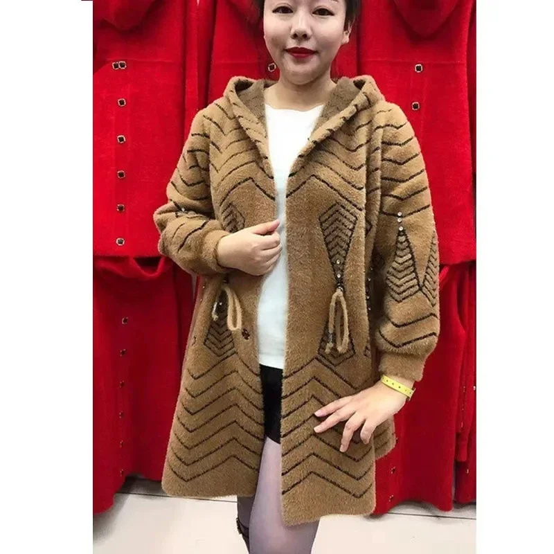 Winter Jacket Long Thicken Imitation Mink Cashmere Coat High End Middle Aged Elderly Women Knitted Cardigan Sweater 4XL Z576