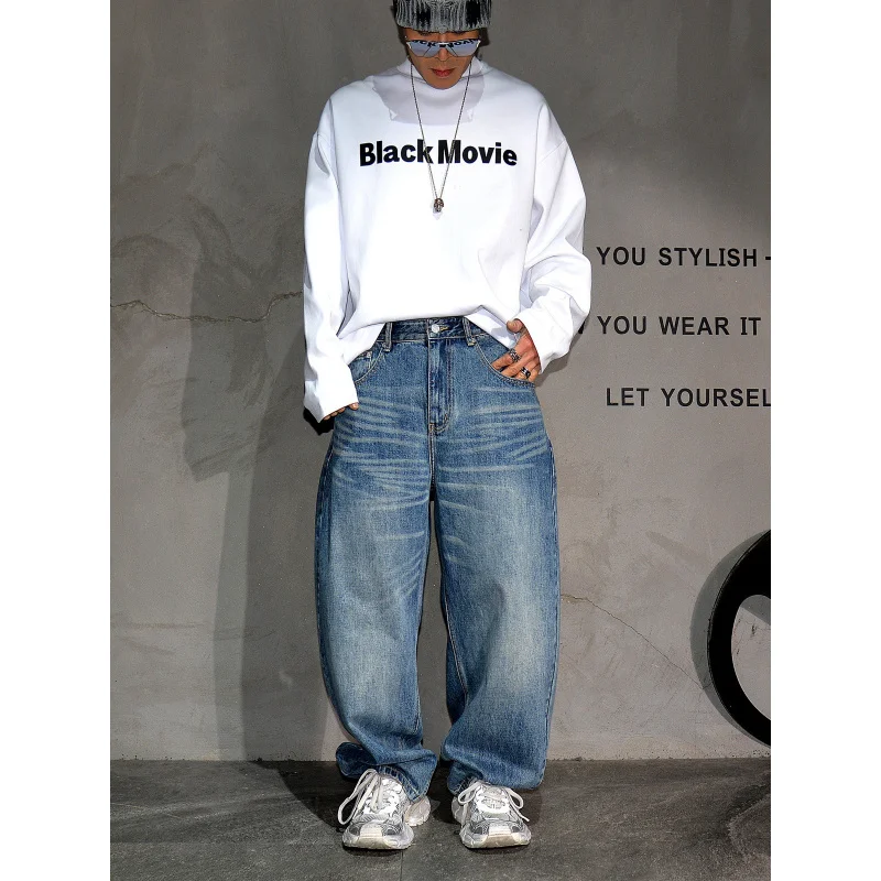 

Men's American Retro Vintage Blue Loose Straight Jeans Fashion Curved Wide Leg Pants Streetwear Commute All-match Denim Trousers