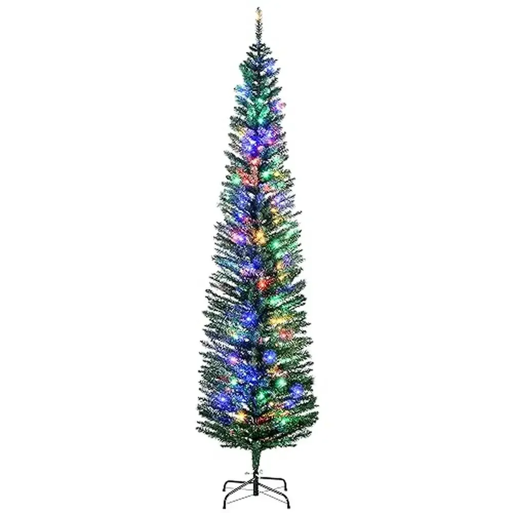 7ft Prelit Christmas Tree 499 Branches 180 LED Lights Steel Base Green Holiday Decor No Hassle Flame-Retardant Easy Assembly