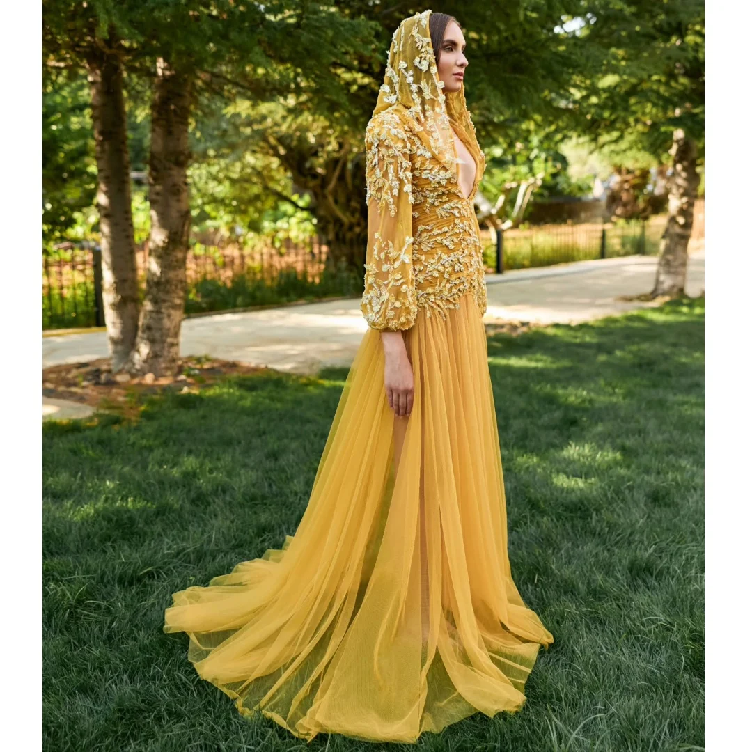 Exquisite Evening Dresses Long Sleeves Hooded vestidos de noche Lace Appliqued Prom Dress Wedding Party Gown Customized