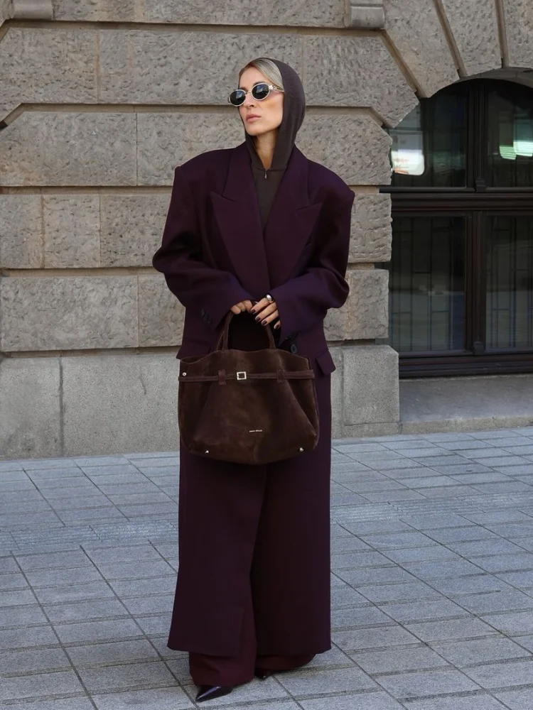 Chic Burgundy Oversized Lapel Overcoat For Women Elegant Double Breasted Full Sleeve Long Coat 2024 Autumn Female Casual Outwear