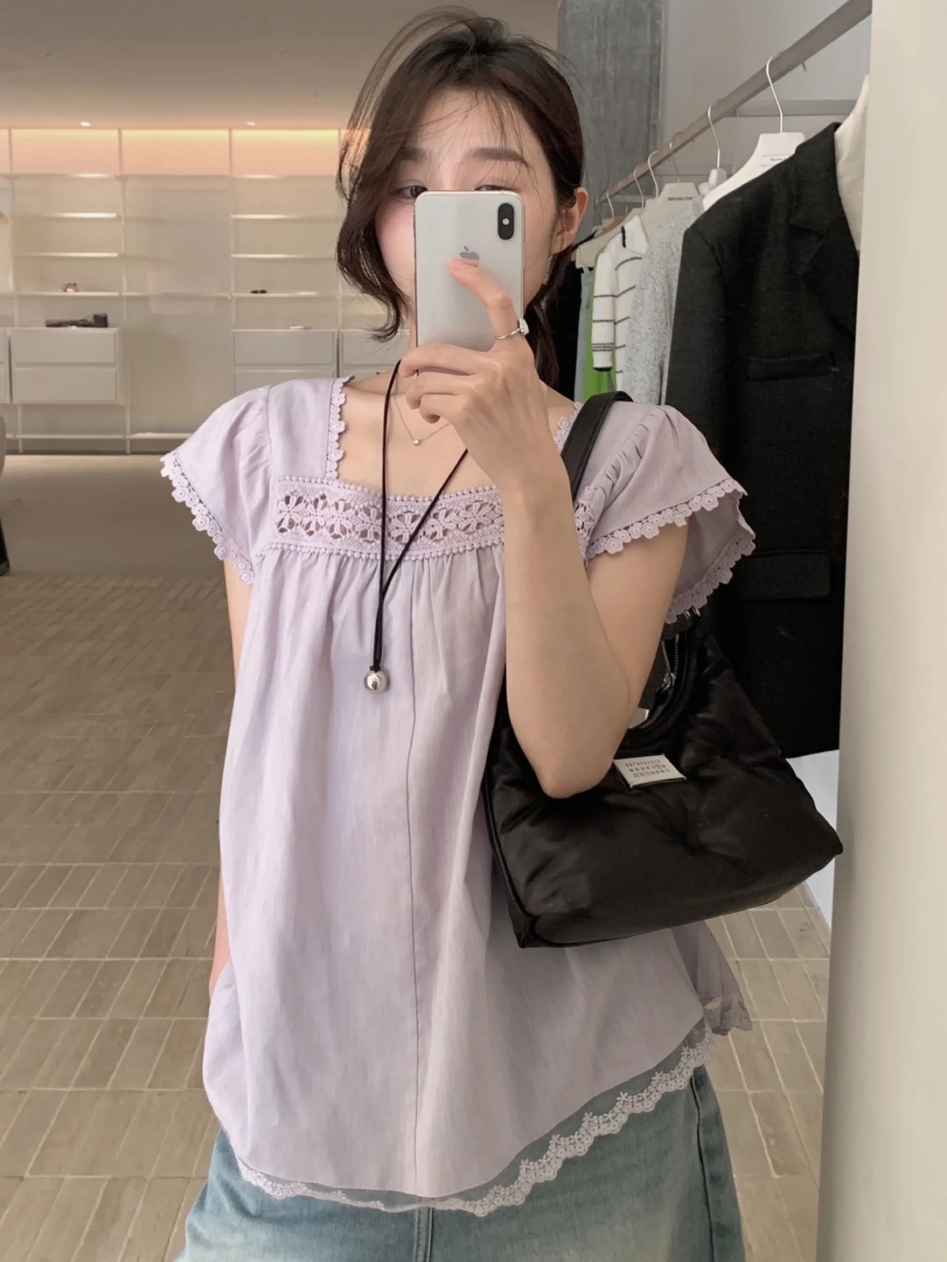

Sweet Youthful Lace Trimmed Loose ort Sve Floral Embroidery Splice irt Women's Summer New Sle Gentle Loose Top