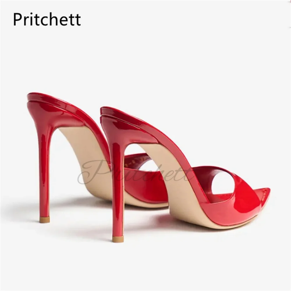 

Women's Pointed Toe Patent Leather Slippers Open Toe High Heels Mules Black Red Blue Slip-On Stiletto Shoes for Party Wedding