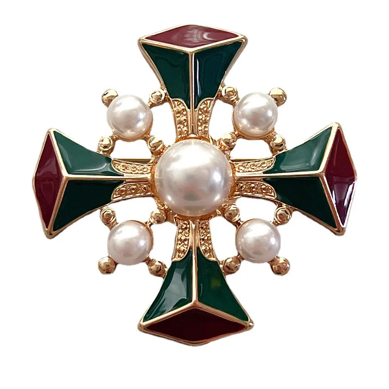 Vintage Baroque Enamel Pearl Brooches Retro Court Cross Brooch Pin for Women Jewelry Coat Accesories Men Suit Lapel Pins Corsage