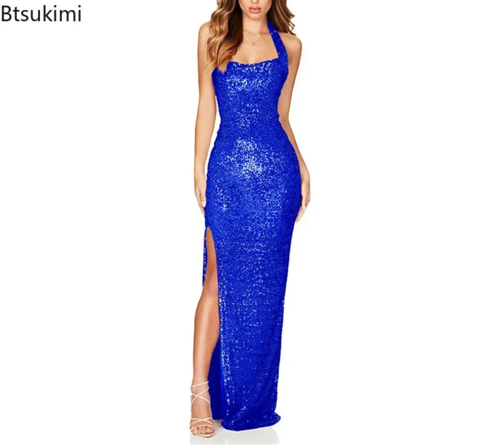 

2025 New Women's Halter Maxi Dresses Temperament High Split Backless Long Dress Luxury Sequined Design Women Evening Party Dress