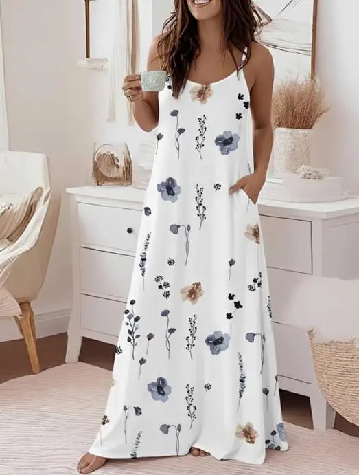 

Casual and Loose Home Women's Nightgown with Round Neck Floral Print and Pocket Backless Design, Loose Sleeveless Camisole Dress