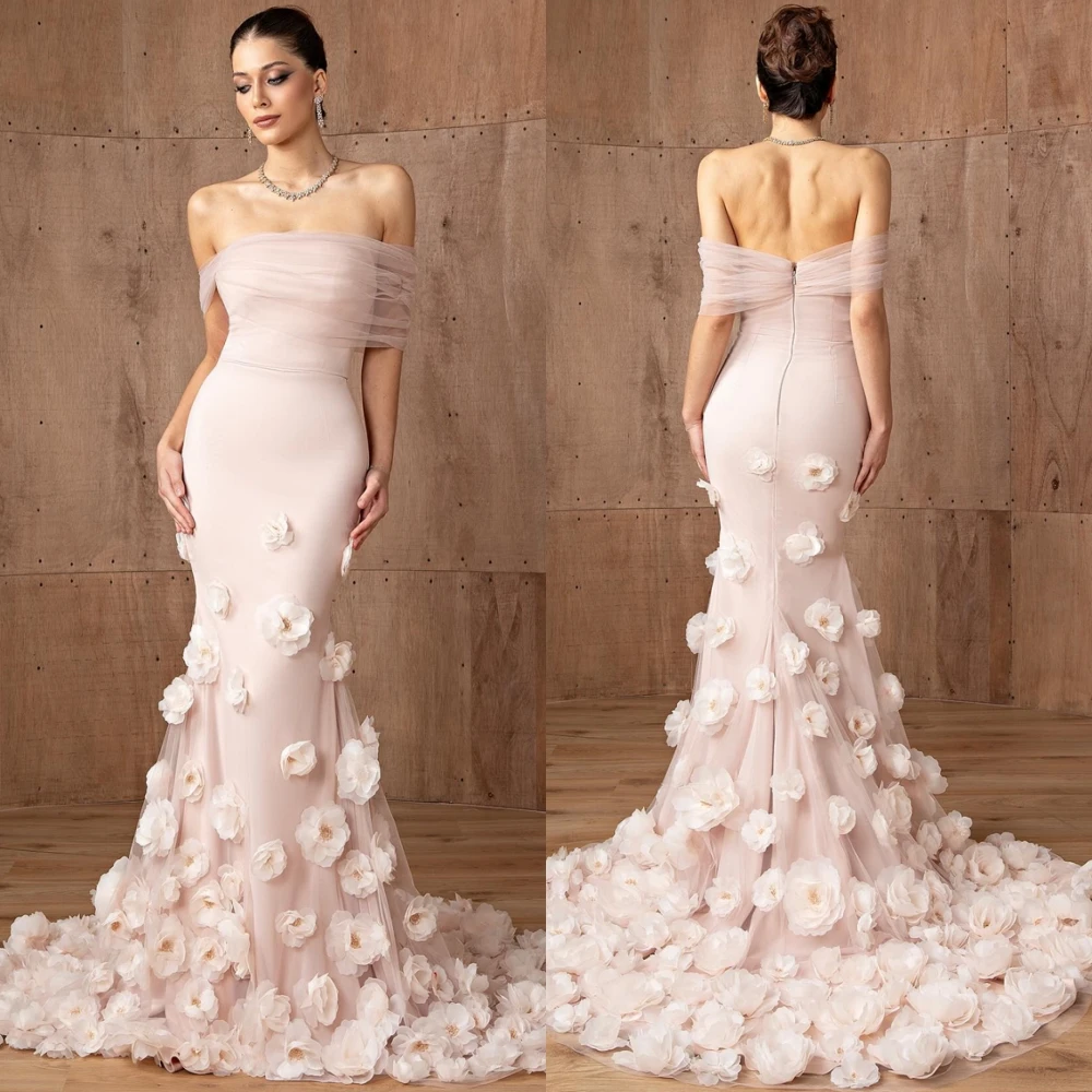 

Customized Luxury Mermaid Boat Neck Evening Dress Elegant Jersey Cocktail Dress Temperament Court Train Special Occasion Gowns