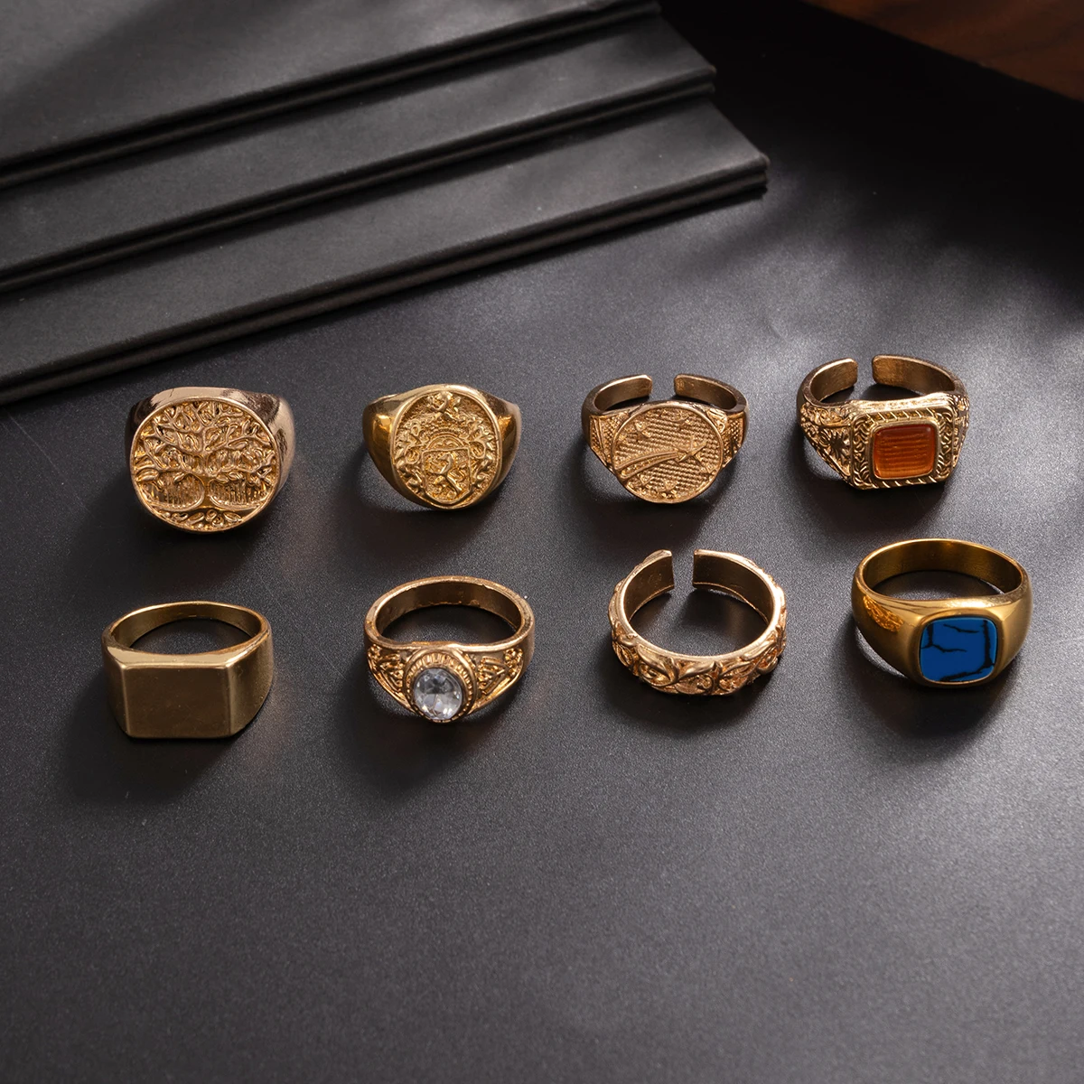 Salircon 8 Pcs/Set Punk Texture Metal Open Adjustable Ring Set Men Hip Hop Inlay Acrylic Rhinestone Finger Rings Grunge Jewelry 6