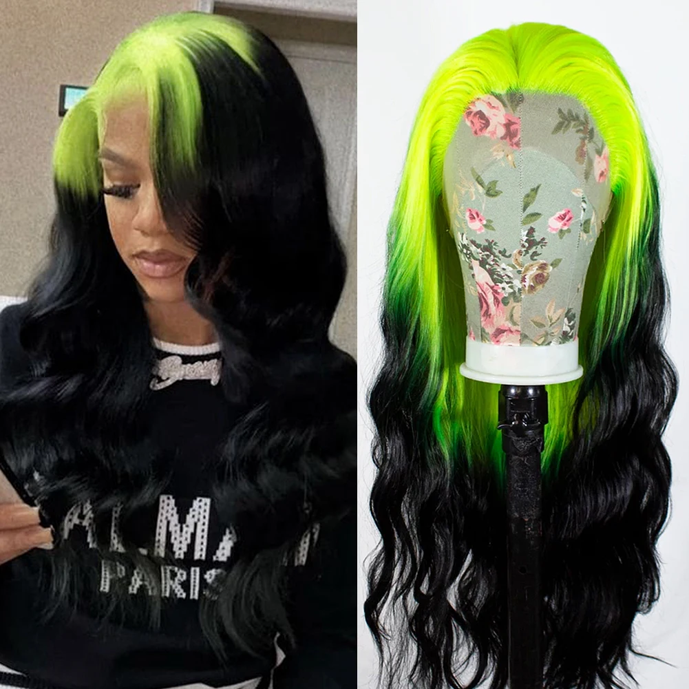 AIMEYA Wig renda sintetis Ombre hijau/hitam renda depan Wig untuk wanita bagian gratis Wig gelombang longgar sintetis tahan panas harian Us