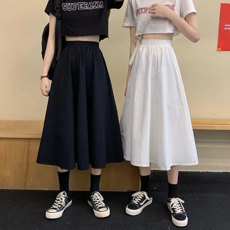 

HOUZHOU Women A-line Long Skirt Korean Fashion Vintage Black White Elastic High Waist Loose Midi Skirt School Casual Summer 2024