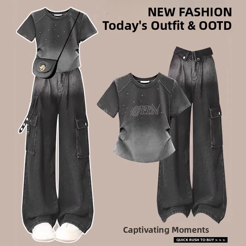 Fashionable Women's Gradient Grey Shoulder to Wide Leg Pants Outfit Design Sense Autumn Summer New Style Slimming Effect